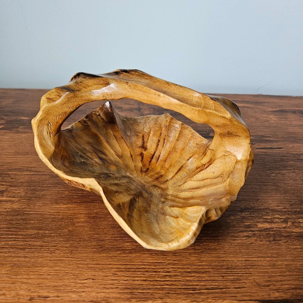 Hand Carved Small Wooden Basket Bowl Artisan Organic Shape Rustic Handmade